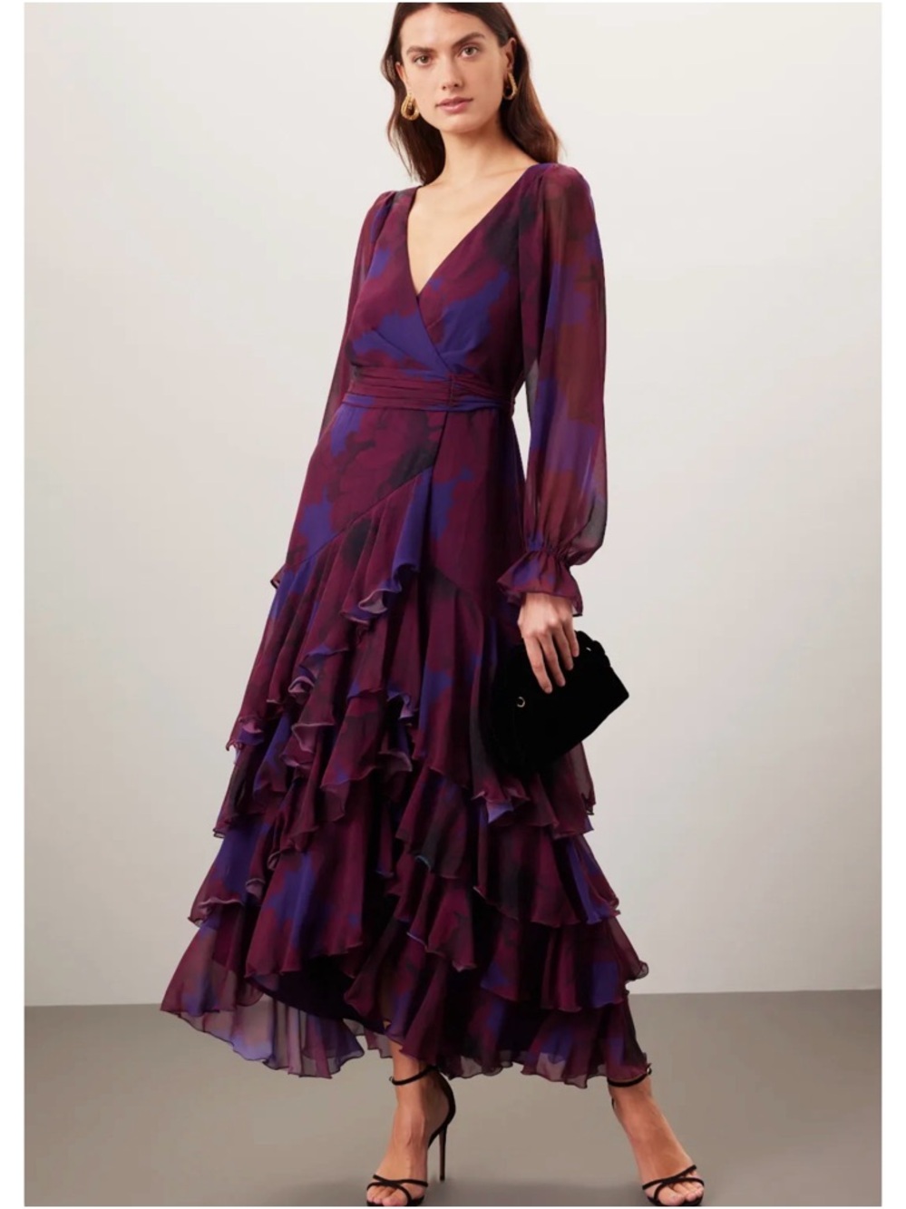Hutch Kya Purple Floral Ruffle Wrap Midi Dress Pink Chiffon